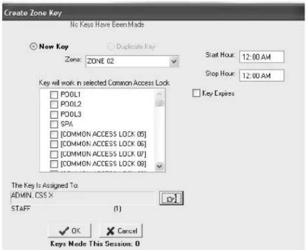 Create Zone Key No Keys Have Been Made Now Key Duplicate Key Zone: ZONE 02 Key will work in selected Common Access Lock POOL1 POOL2 POOL3 SPA [COMMON ACCESS LOCK 05] [COMMON ACCESS LOCK 06] [COMMON ACCESS LOCK 07] [COMMON ACCESS LOCK 08] Start Hour: 12:00 AM Stop Hour: 12:00 AM Key Expires The Key Is Assigned To ADMIN. CSS X STAFF (1) OK Cancel Keys Made This Session: 0