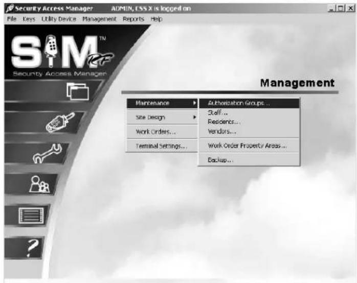 Security Access Manager File Keys Utility Device Management Reports Help S i M ™ Security Access Manager Management Maintenance ▶ Authorization Groups ... Site Design ▶ Staff ... Work Orders... ▶ Residents... Terminal Settings... ▶ Vendors... Work Order Property Areas... Backup...