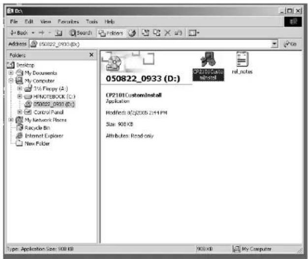 File Edit View Favorites Tools Help Back Search Editors Addrs 050822_0933 (D:) Folders Desktop My Documents My Computer 31% Flappy (A:) HKEYNOTEBOOK (C:) 050822_0933 (D:) Control Panel My Network Places Recycle Bin Internet Explorer New Folder 050822_0933 (D:) CP2101CustomInstall Application Modells a:62005 24-1 PM Size: 908 KB Attributes: Read only Type: Application Size: 500 KB 908 KB My Computer