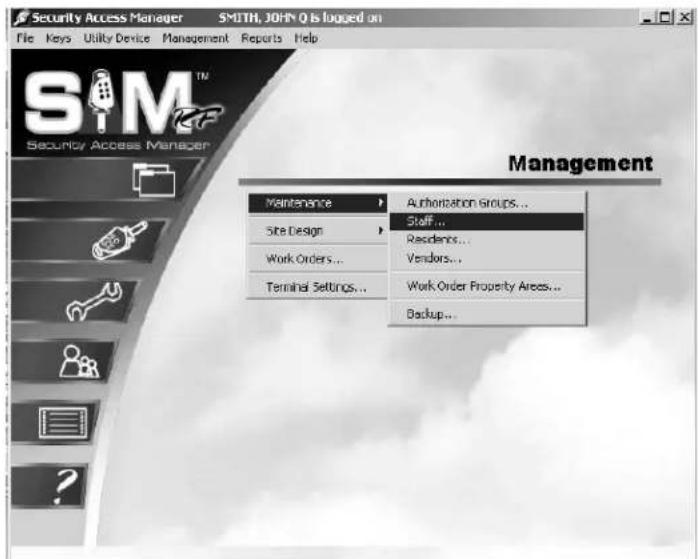 Security Access Manager SMITH, JOHN Q is logged on File Keys Utility Device Management Reports Help SMITH Security Access Manager Management Maintenance Site Design Work Orders... Terminal Settings... Authorization groups... Staff... Residends... Vendors... Work Order Property Areas... Backup...