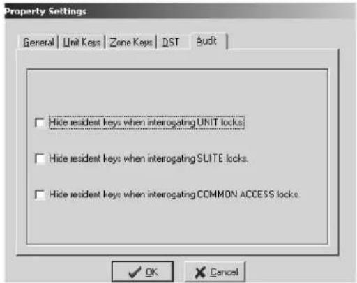 Property Settings General | Unit Keys | Zone Keys | DST | Audit | Hide resident keys when interrogating UNIT locks. Hide resident keys when interrogating SLITE locks. Hide resident keys when interrogating COMMON ACCESS locks. OK Cancel
