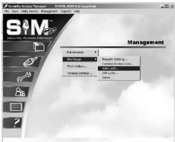 Security Access Manager SMITH, JOHN Q is logged on File Keys Utility Device Management Reports Help SIM™ Security Access Manager Management Maintenance Site Design Property Settings... Work Orders... Common Access Looks... Terminal Settings... Sure Locks... Unit Looks... Zones...