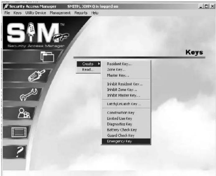 Security Access Manager SMITH, JOHN Q is logged on File Keys Utility Device Management Reports Help SMITH Security Access Manager Create Read... Resident Key... Zone Key... Master Key... Inhibit Resident Key... Inhibit Zone Key... Inhibit Master Key... Latch/Lunch Key... Construction Key Limited Use Key Diagnostics Key Battery Check Key Guard Check Key Emergency Key
