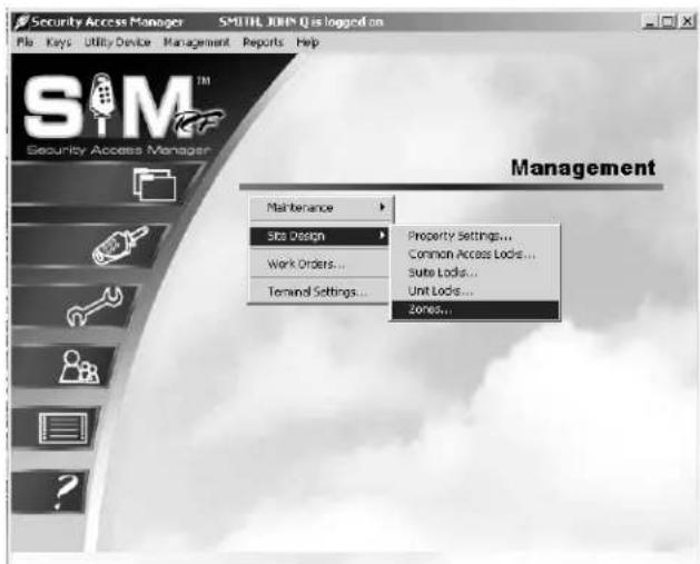 Security Access Manager SMITHL JOHN Q is logged on File: Keys Utility Device Management Reports Help SMITHL Security Access Manager Management Maintenance Site Design Property Settings... Work Orders... Common Access Locks... Suite Locks... Unit Locks... Terminal Settings... ZoTies...