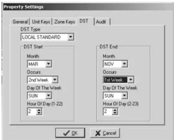 Property Settings General | Unit Keys | Zone Keys | DST | Audit | DST Type LOCAL STANDARD DST Start Month MAR Occurs 2nd Week Day Of The Week SUN Hour Of Day (1-22) 2 DST End Month NOV Occurs 1st Week Day Of The Week SUN Hour Of Day (2-23) 2 OK Cancel