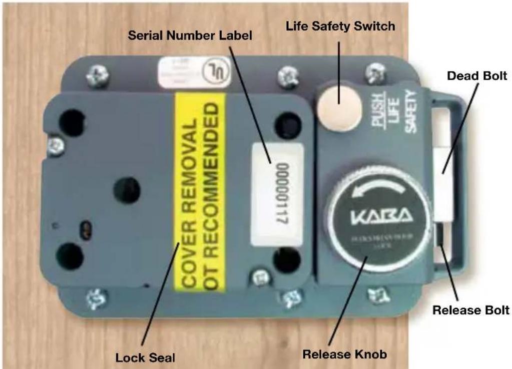 Serial Number Label Life Safety Switch COVER REMOVAL OT RECOMMENDED Dead Bolt PUSH LIFE SAFETY Lock Seal Release Knob Release Bolt