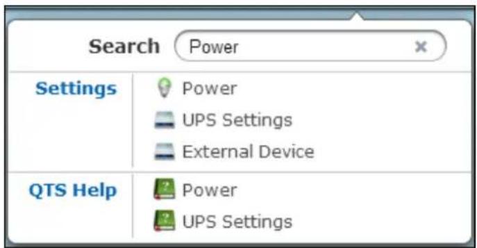 Search Power Settings Power UPS Settings External Device QTS Help Power UPS Settings