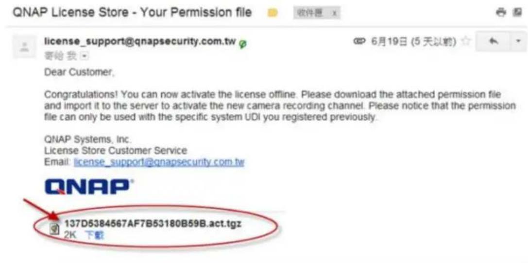 QNAP License Store - Your Permission file license_support@qnapsecurity.com.tw 寄給 我 Dear Customer. Congratulations! You can now activate the license offline. Please download the attached permission file and import it to the server to activate the new camera recording channel. Please notice that the p…