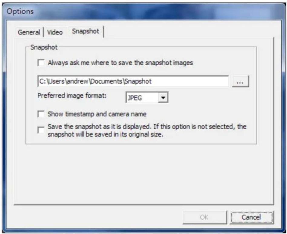 Options General | Video | Snapshot | Snapshot □ Always ask me where to save the snapshot images C:\Users\andrew\Documents\Snapshot ... Preferred image format: JPEG □ Show timestamp and camera name □ Save the snapshot as it is displayed. If this option is not selected, the snapshot will be saved in i…