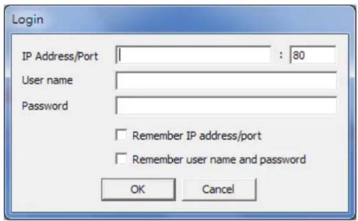 Login IP Address/Port : 80 User name Password Remember IP address/port Remember user name and password OK Cancel