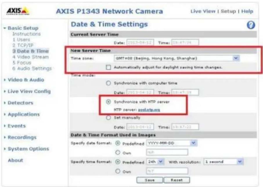 AXIS P1343 Network Camera Live View | Setup | Help Date & Time Settings Current Server Time Date: 2013-04-12 Time: 19:47:24 New Server Time Time zone: GMT+08 (Beijing, Hong Kong, Shanghai) Automatically adjust for daylight saving time changes. Time mode: Synchronize with computer time Date: 2013-04-…