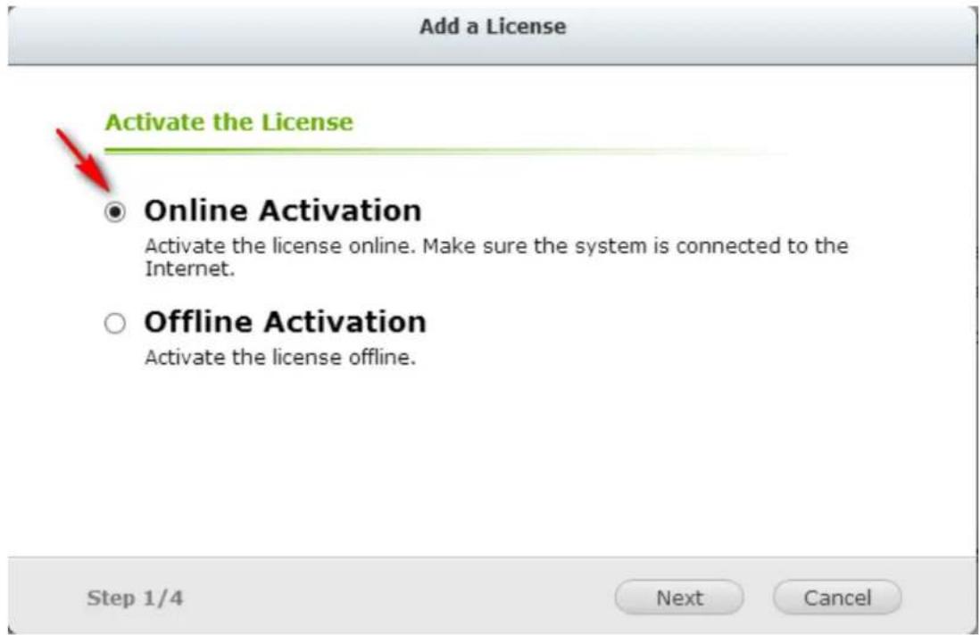 Add a License Activate the License ○ Online Activation Activate the license online. Make sure the system is connected to the Internet. ○ Offline Activation Activate the license offline. Step 1/4 Next Cancel