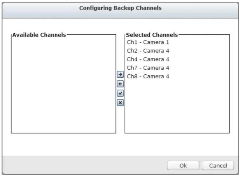 Configuring Backup Channels Available Channels Selected Channels Ch1 - Camera 1 Ch2 - Camera 4 Ch4 - Camera 4 Ch7 - Camera 4 Ch8 - Camera 4 Ok Cancel