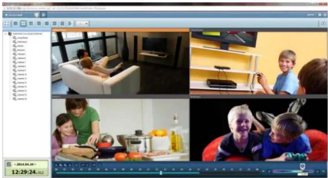 Screenshot of a video editing software interface displaying four video thumbnails with Chinese text labels and playback controls.