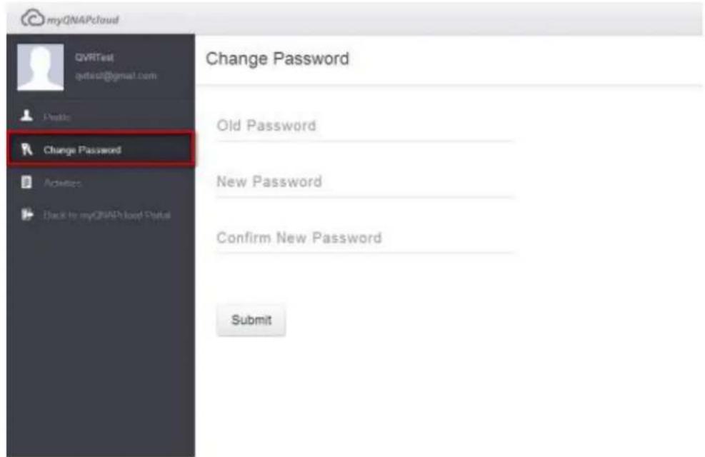 myQNAPscloud QVRtest qutest@gmail.com Enable Change Password Activities Check to myQNAPscloud Status Change Password Old Password New Password Confirm New Password Submit