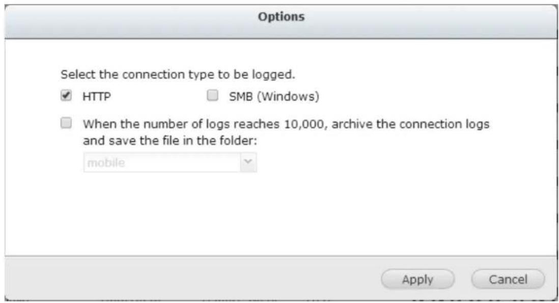 Options Select the connection type to be logged. ✓ HTTP □ SMB (Windows) □ When the number of logs reaches 10,000, archive the connection logs and save the file in the folder: mobile Apply Cancel