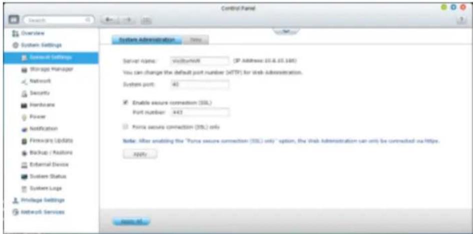 Control Panel Overview System Settings System Settings Storage Manager Network Security Hardware Power Notification Firmware Update Backup / Asistors External Device System Status System Logs Privilege Settings Network Services System Administration Server Name: VisitBarack (IP Address: 61.6.65.3405…