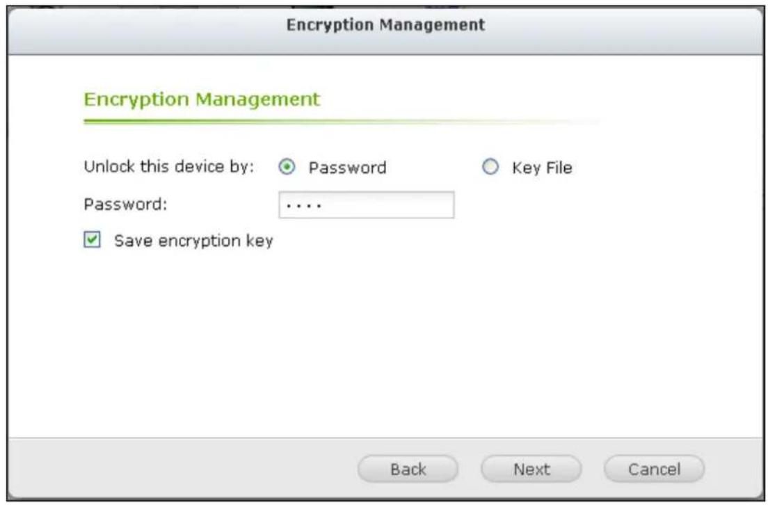Encryption Management Encryption Management Unlock this device by: Password Key File Password: ..... Save encryption key Back Next Cancel