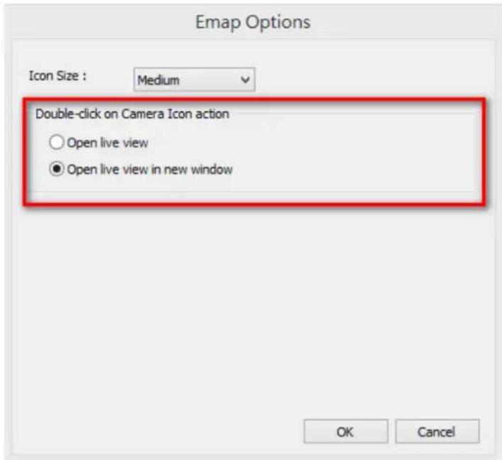 Emap Options Icon Size : Medium Double-click on Camera Icon action Open live view Open live view in new window OK Cancel