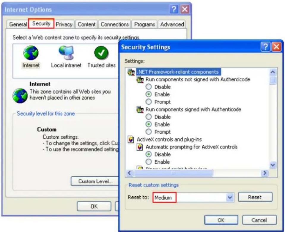 Internet Options General Security Privacy Content Connections Programs Advanced Select a Web content zone to specify its security settings. Internet Local intranet Trusted sites Internet This zone contains all Web sites you haven't placed in other zones Security level for this zone Custom Custom set…