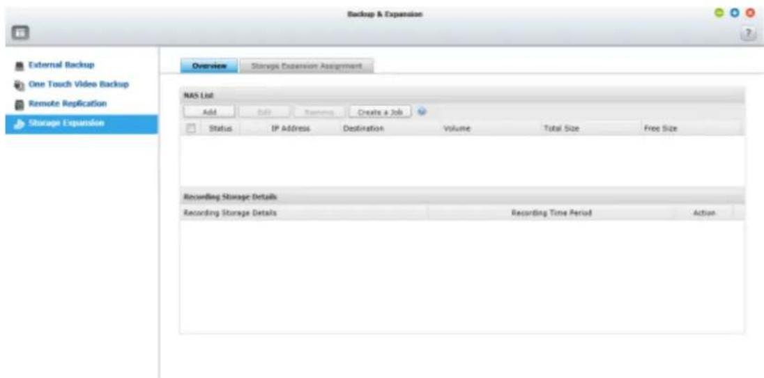 Backup & Expansion External Backup One Touch Video Backup Remote Replication Storage Expansion Overview Storage Expansion Assignment NAS List Add Help Rename Create a Job Status IP Address Destination Volume Total Size Free Size Recording Storage Details Recording Storage Details Recording Time Peri…