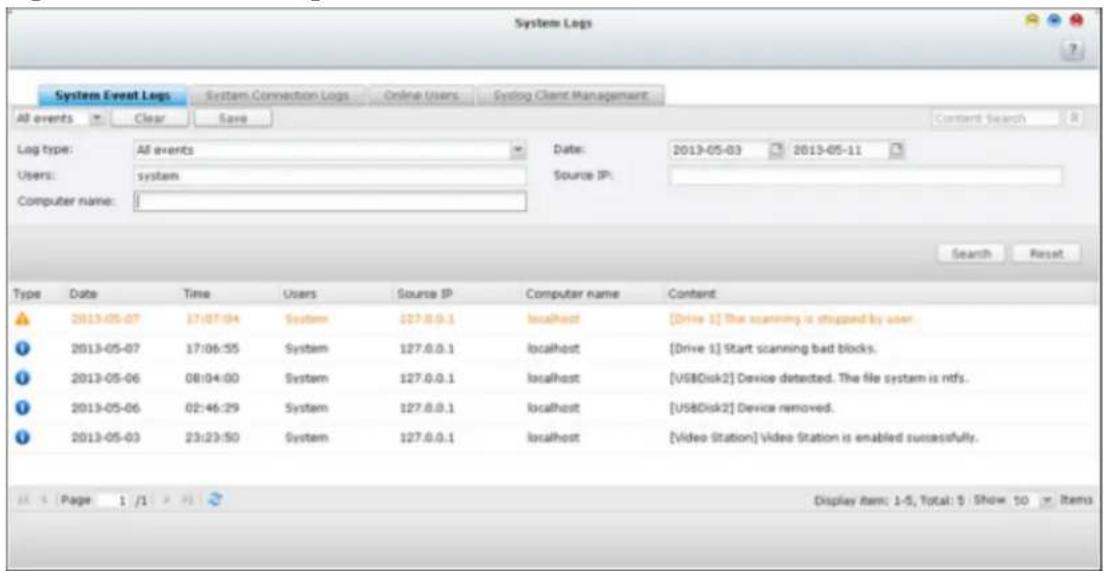 System Logs System Event Logs System Connection Logs Online Users Sydrog Client Management All events Clear Save Content Search Log type: All events Data: 2013-05-03 2013-05-11 Users: systemITO Computer name: Search Reset Type Data Time Users Somut IP Computer name ContentType: 2013-05-07 17:07:04 S…