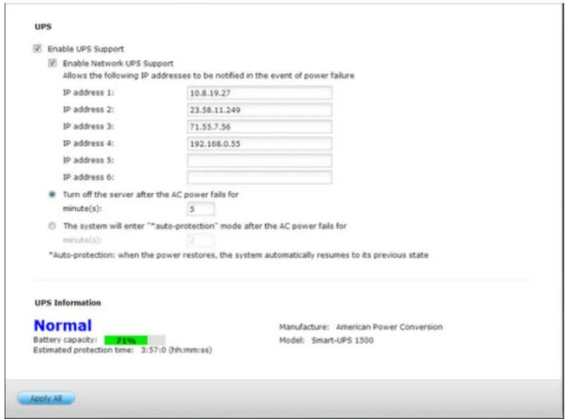 UPS ✓ Enable UPS Support ✓ Enable Network UPS Support Allows the following IP addresses to be notified in the event of power failure IP address 1: 10.8.19.27 IP address 2: 23.58.11.249 IP address 3: 71.55.7.56 IP address 4: 192.168.0.55 IP address 5: IP address 6: ● Turn off the server after the AC…