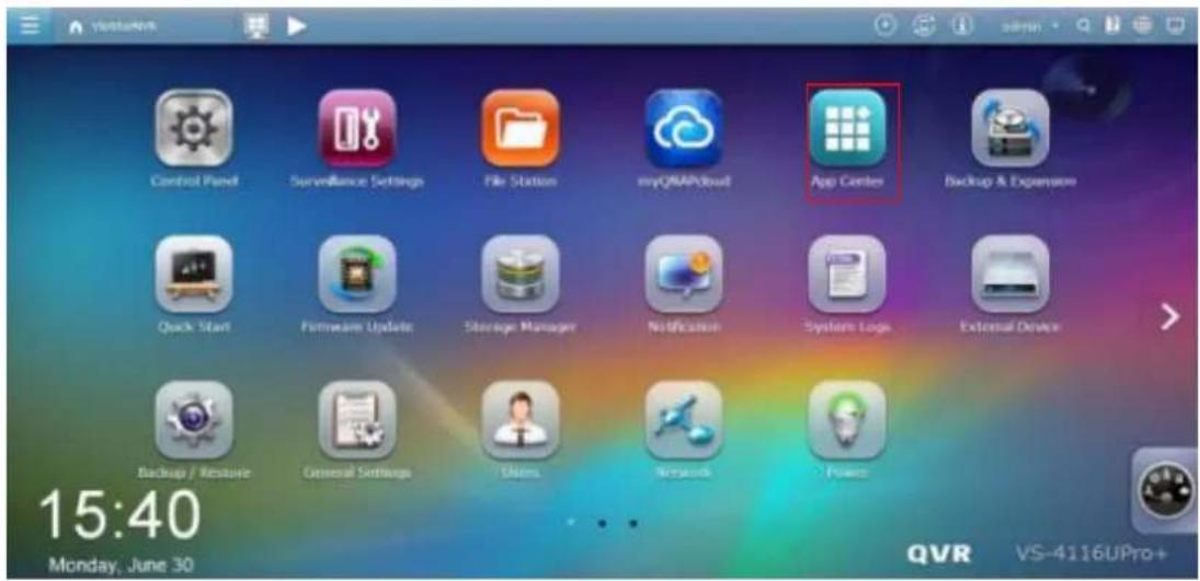 Control Panel Surveillance Settings File Station myQMAPcloud App Center Backup & Expansion Quick Start Firmware Update Storage Manager Notification System Logs External Device Backup / Restore General Settings Users Network Power 15:40 Monday, June 30 QVR VS-4116UIPro+