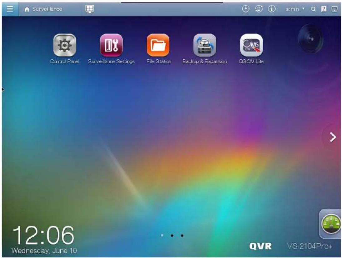 Surveillance Control Panel Surveillance Settings File Station Backup & Expansion QCOM Lite 12:06 Wednesday, June 10 ... QVR VS-2104Pro+