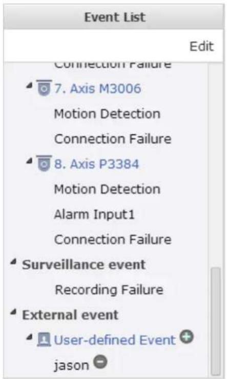 Event List Edit Connection Failure 7. Axis M3006 Motion Detection Connection Failure 8. Axis P3384 Motion Detection Alarm Input1 Connection Failure Surveillance event Recording Failure External event User-defined Event jason