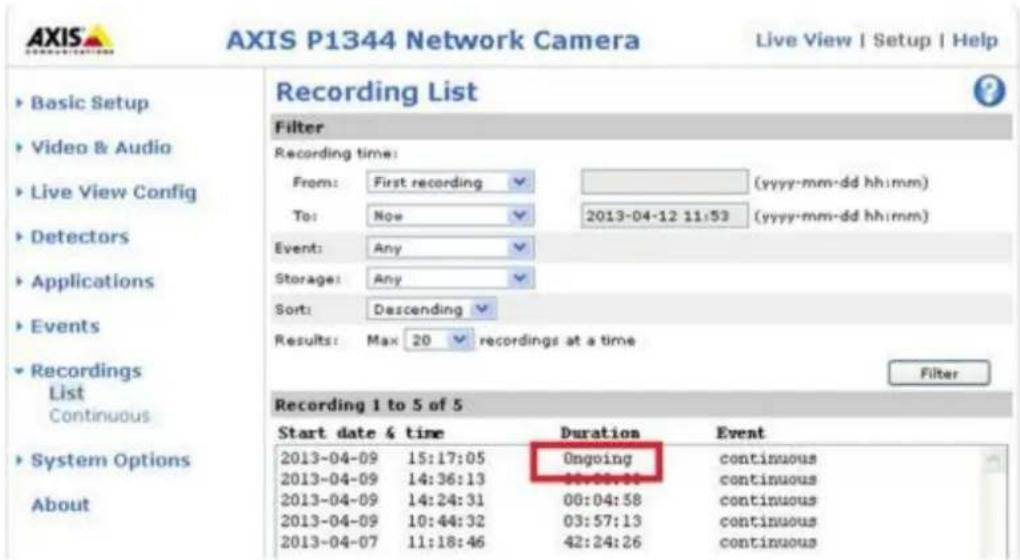 AXIS P1344 Network Camera Live View | Setup | Help Recording List Filter Recording time: From: First recording (yyyy-mm-dd hh:mm) To: Now 2013-04-12 11:53 (yyyy-mm-dd hh:mm) Event: Any Storage: Any Sort: Descending Results: Max 20 recordings at a time Filter Recording 1 to 5 of 5 Start date & time D…
