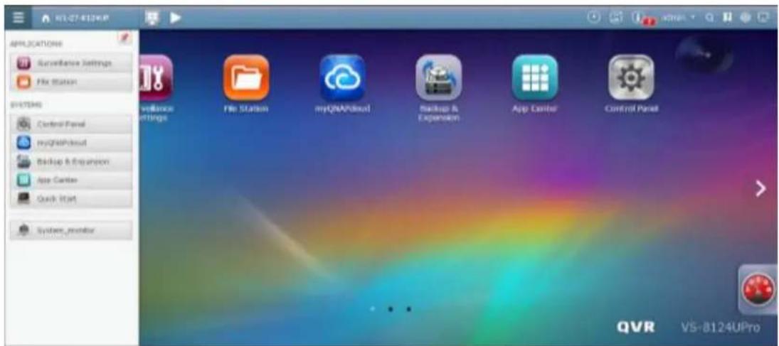 APPLICATIONS Surveillance Settings File Station SYSTEMS Control Panel MySQLBoost Backup & Expansion App Center Quick Start System_monitor surveillance settings File Station myQIA/Android Backup & Expansion App Center Control Panel QVR VS-8124UPro