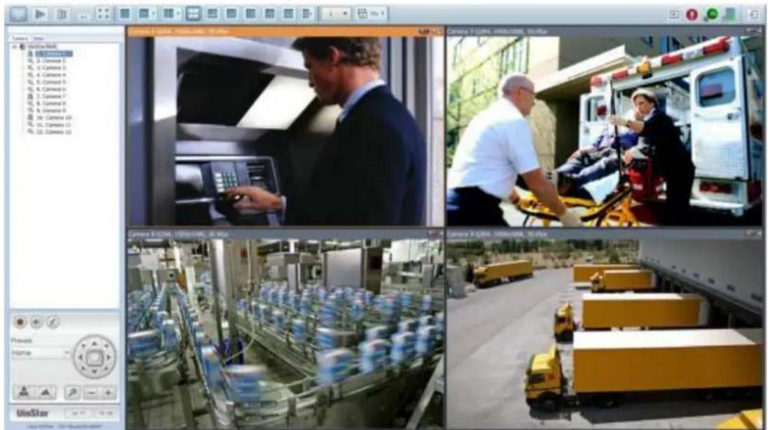 Composite image showing four scenes: a man in a lab coat interacting with a machine, a medical worker in an ambulance, a factory production line with barrels, and a cargo truck on a conveyor.