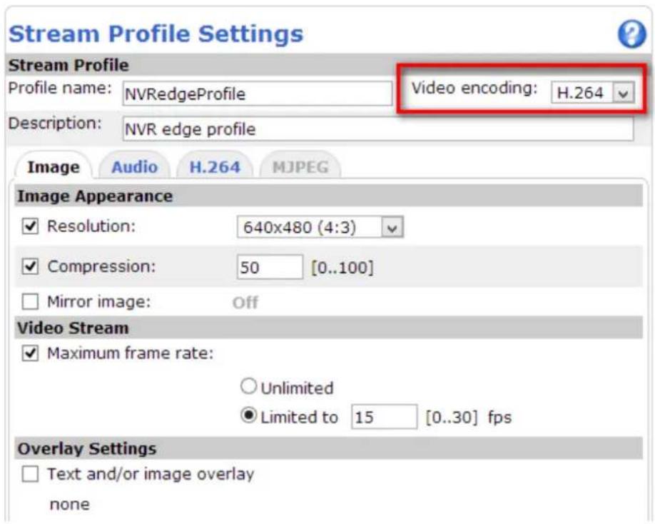 Stream Profile Settings Stream Profile Profile name: NVRedgeProfile Video encoding: H.264 Description: NVR edge profile Image Audio H.264 MJPEG Image Appearance ✓ Resolution: 640x480 (4:3) ✓ Compression: 50 [0..100] ✓ Mirror image: Off Video Stream ✓ Maximum frame rate: ○ Unlimited ● Limited to 15 […