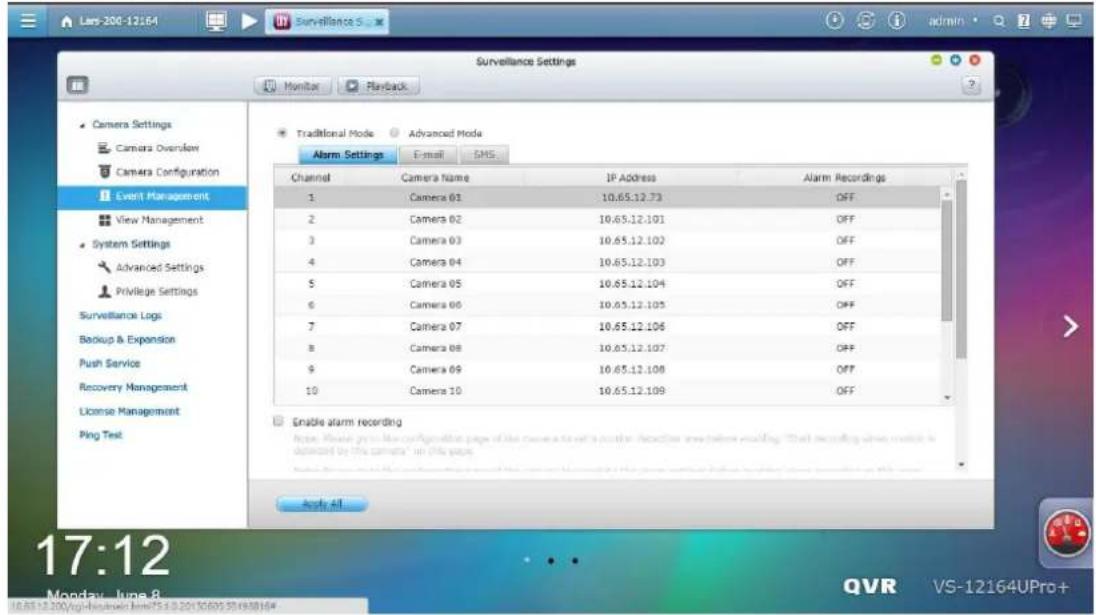Lars-200-12164 Surveillance Settings Monitor Playback Camera Settings Camera Overlaser Camera Configuration Event Management View Management System Settings Advanced Settings Privilege Settings Surveillance Logs Backup & Expansion Push Service Recovery Management License Management Ping Test Traditi…