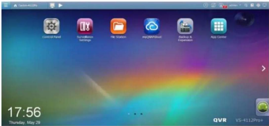 Custom4112Pro Control Panel Surveillance Settings File Station myQMAPCloud Backup & Expansion App Center 17:56 Thursday, May 29 QVR VS-4112Pro+