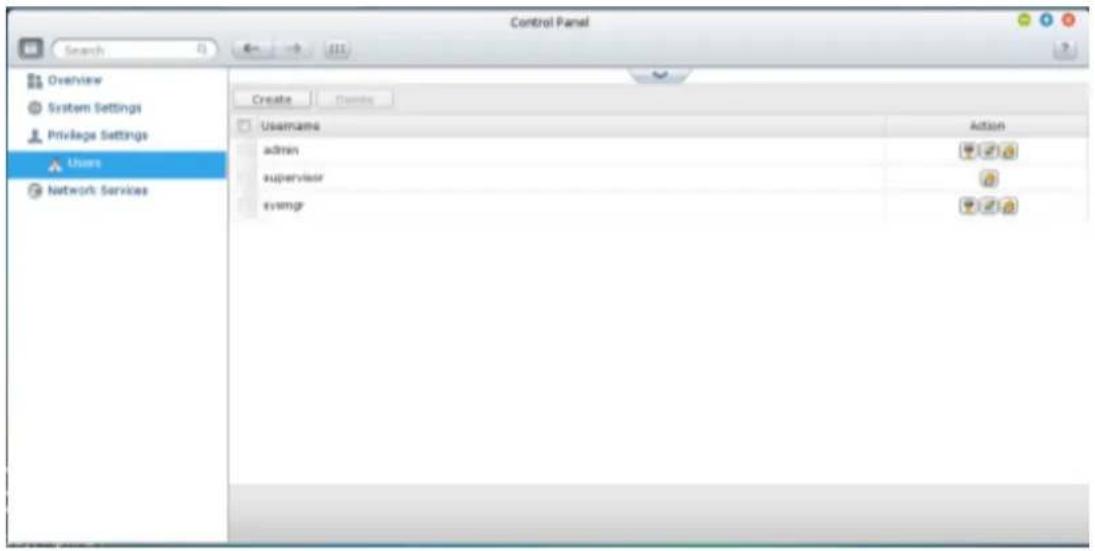 Control Panel Search Overview System Settings Privilege Settings Users Network Services Create Options Username admin supervisor esvmgr Action