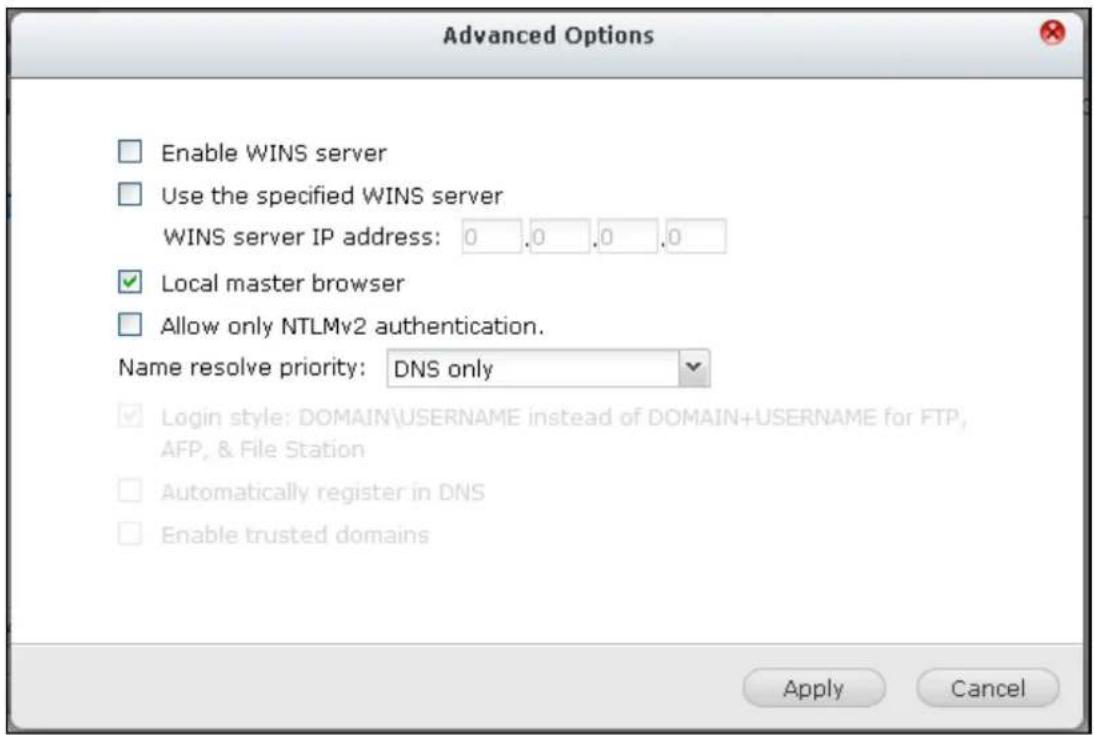 Advanced Options Enable WINS server Use the specified WINS server WINS server IP address: 0.0.0.0 Local master browser Allow only NTLMv2 authentication. Name resolve priority: DNS only Login style: DOMAIN\USERNAME instead of DOMAIN+USERNAME for FTP, AFP, & File Station Automatically register in DNS…