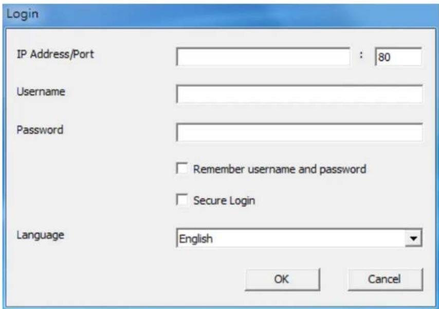Login IP Address/Port : 80 Username Password Remember username and password Secure Login Language English OK Cancel