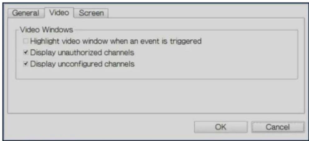 General Video Screen Video Windows Highlight video window when an event is triggered Display unauthorized channels Display unconfigured channels OK Cancel