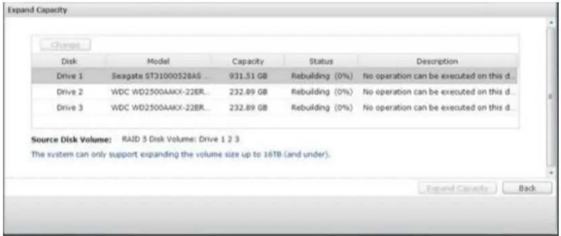 Expand Capacity Change Disk Model Capacity Status Description Drive 1 Seagate ST31000528AS_ 931.51 GB Rebuilding (0%) No operation can be executed on this d_ Drive 2 WDC WD2500AAKX-22ER_ 232.89 GB Rebuilding (0%) No operation can be executed on this d_ Drive 3 WDC WD2500AAKX-22ER_ 232.89 GB Rebuildi…