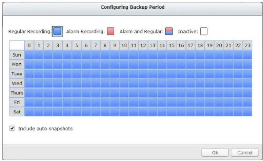 Configuring Backup Period Regular Recording: Alarm Recording: Alarm and Regular: Inactive: 0 1 2 3 4 5 6 7 8 9 10 11 12 13 14 15 16 17 18 19 20 21 22 23 Sun Mon Tues Wed Thurs Fri Sat Include auto snapshots Ok Cancel
