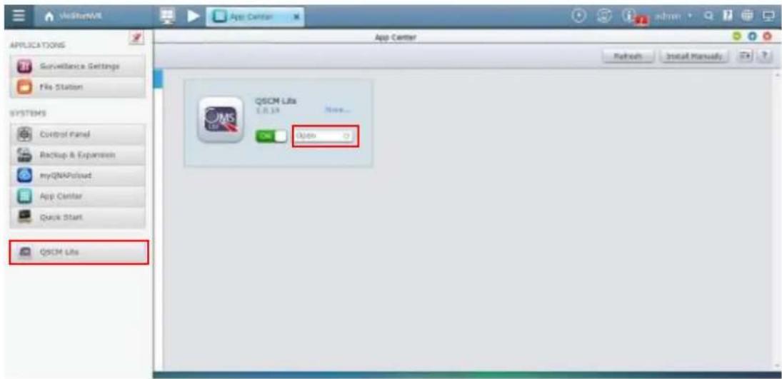 ViStart/ML App Center Applications Surveillance Settings File Station SYSTEMS Control Panel Backup & Expansion myQNAPloud App Center Quick Start QSCM Lite App Center Refresh Install Manualsy QSCM Lite 1.8.19 New... Open