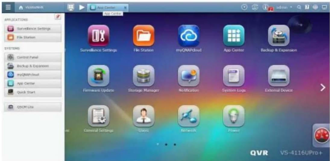 QVIR App Center admin Applications Surveillance Settings File Station SYSTEMS Control Panel Backup & Expansion myQNAPcloud App Center Quick Start QSCM Lite Surveillance Settings File Station myQNAPcloud App Center Backup & Expansion Firmware Update Storage Manager Notification System Logs External D…