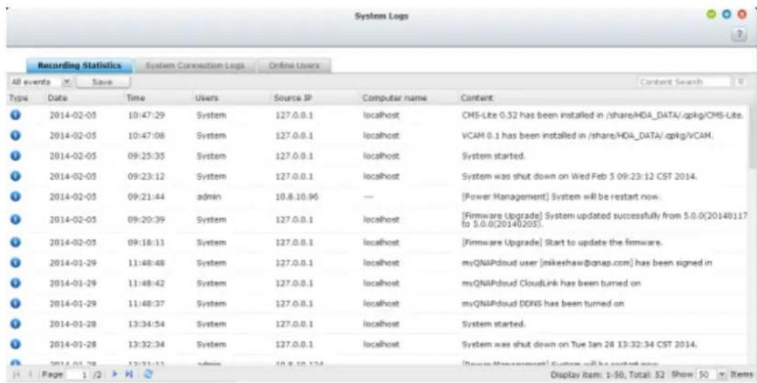 Recording Statistics System Connection Logs Online Users All events Save Type Date Time Users Source IP Computer name Content 2014-02-05 10:47:29 System 127.0.0.1 localhost CMS-Lite 0.52 has been installed in /share/HDA_DATA/.qpkg/CMS-Lite. 2014-02-05 10:47:08 System 127.0.0.1 localhost VCAM 0.1 has…
