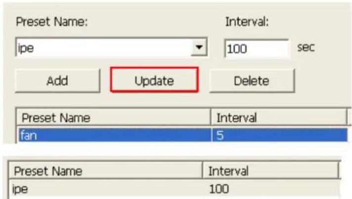 Preset Name: ipe 100 sec Add Update Delete Preset Name Interval fan 5 Preset Name Interval ipe 100