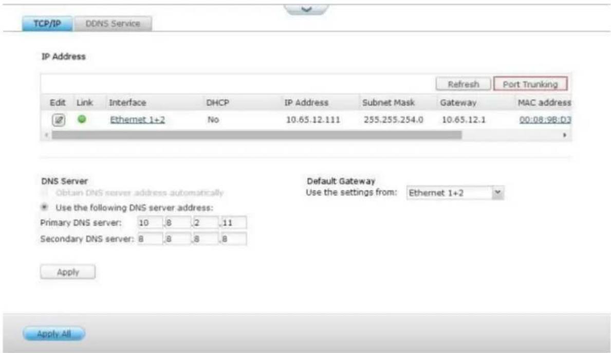 TCP/IP DDNS Service IP Address Refresh Port Trunking Edit Link Interface DHCP IP Address Subnet Mask Gateway MAC address Ethernet 1+2 No 10.65.12.111 255.255.254.0 10.65.12.1 00:08:98:03 DNS Server Obtain DNS server address automatically Default Gateway Use the settings from: Ethernet 1+2 Use the fo…