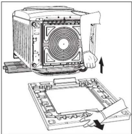 Illustration of a computer motherboard with a hand operating the top panel and a close-up of the front panel showing internal components (no text or symbols)