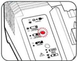 Diagram of a device control panel with warning symbols and display icons, including a red warning light icon.