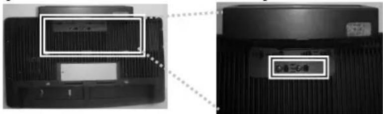 Black-and-white photo showing a device with a label pointing to a component, alongside its side view.